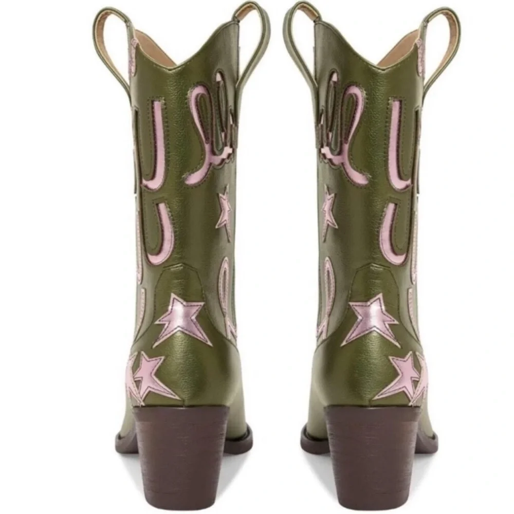 ⭐ Metallic Cowboy Boots for Women - Embroidered Mid Calf Western Cowgirl Boots - Picture 4 of 7